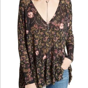 Free People Floral V-Neck Tunic in Black and Pink